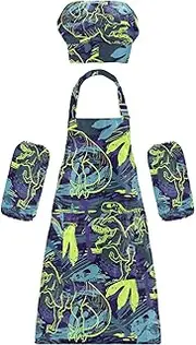 AIXIWAWA Kids Apron Chef Hat Set, Child Kitchen Bib Aprons Adjustable for Cooking Baking Painting (Prehistoric Animal)