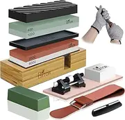 BRITOR Whetstone Sharpening Stone,4 Side Grit 400/1000 3000/8000 Grit,Knife Sharpener Stone with Non-Slip Rubber Stone Holder,Flattening Stone,Leather Strop,Honing Guide, Cut Resistant Gloves