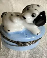 Dalmation Puppy Trinket Box Blue Ceramic Hinged w/ bone 2.5 x 2.5"