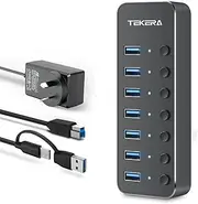 Powered USB Hub, TEKERA USB 3.0/USB C Hub with Power Adapter and Individual On/Off Switches, USB Hub 3.0 Splitter with 2-in-1 USB Cable