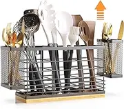 BEGULF Large Utensil Holder for Kitchen Counter, Wall Mounted Silverware Caddy with 5 Compartments, Metal Utensil Caddy with 2 Small Removable Basket and Wooden Base
