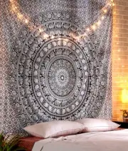 Indian Mandala Large Tapestry Wall Hanging Black And White Elephant Cotton Ae...