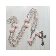Rose Crystal Rosary Necklace Catholic Vintage for Cross Pendant Long Chain Necklace Religious Jewelry Gift