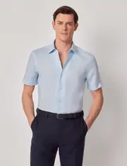 Hawes & Curtis Light Blue Pure Linen Slim Short Sleeve Shirt | One Piece Collar Size: Small