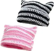 [HDBHBH] Crochet Hats for Women - Handmade Knit Cat Ear Beanie - 2 Pack Slouchy Fox Hat Vintage 90s Grunge Goth Skull Cap, Black Beanie for Daily Wear & Costume Parties