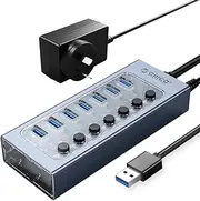 ORICO USB Hub 3.0 Powered 7 Ports USB Data Hub with 12V2A Power Adapter, Individual Power Switches, and LEDs, USB Extension for iMac Pro, MacBook Air/Mini, PS4, Surface Pro, Notebook PC, Laptop, HDD