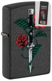 Zippo 49778 Rose Dagger Tattoo Design Black Crackle Lighter + FLINT PACK