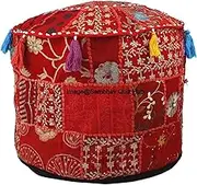 Red Decorative Multi Patch Indian Hippie Embroidery Vintage Cotton Floor Pillow & Cushion Patchwork Bean Bag Chair Cover Boho Bohemian Hand Embroidered Handmade Pouf Ottoman Cover (14X22 inch)