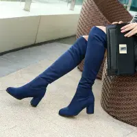 在飛比找Yahoo!奇摩拍賣優惠-免運秋冬季新款粗高跟圓頭軟絨布面長筒絨布靴藍色酒紅豹紋女靴子