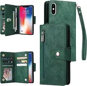 YocoverTech for iPhone X Case,for iPhone Xs Wallet Case[6 Card Slots and 1 Zipper Coin Pocket] PU Leather Stand Flip Cover with Wrist Strap[5.8 inch]-Green