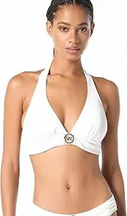 [Michael Kors] Women's Solid Logo Ring Halter Top, White, Medium