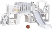 Keezi Kids Slide Swing Set with Basketball Hoop, 4 in 1 Climbing Frame Cubby House Toddler Fold Up Cardboard Slides Playground Outdoor Indoor, with Telescope and Platform