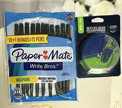 Pen+Gear Multi-Size PENCIL Sharpener & 11 PAPERMATE BLACK BALLPOINT PENS SCHOOL