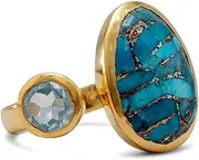 [JewelryWeb] Gold Plated 925 Sterling Silver Ring 6mm Blue Topaz 13mm X 17mm Oval Turquoise Copper Stone Band Style-Ring for Women
