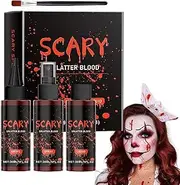Halloween Fake Paint Blood - 4PC Fake Halloween Blood Set | Washable Realistic Blood Spray with Brush | Scary Stage Splatter Blood Makeup Props for Halloween Cosplay Gathering Horror Movie