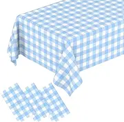 3 Pcs Light Blue Gingham Tablecloth Blue Disposable Plastic Checkered Table Cloths for Parties Disposable, Waterproof Rectangular Blue Table Cover for Camping, Birthday, Party, Picnic 54 × 108 Inch