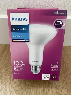 2 Bulbs Philips Medium 100W Equivalent Daylight BR30 Dimmable LED Floodlight