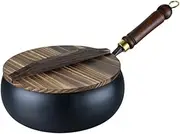 Fonowx Chinese Wok with Wooden Lid, Flat Base for Cooking, Induction Compatible Iron Wok, 28cm