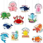 Hotop 12 Pcs Ocean Themed Party Hanging Tissue Decorations Sea Animal Hanging Tissue Honeycomb Centerpieces Decor Fish Sea Turtle Crab Dolphin Octopus for Ocean Tropical Themed Party (Cute)