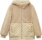 [Generic] Women Zip Up Lamb Wool Hooded Down Jacket Casual Loose Thickening Puffer Jacket Warm Thick Cotton Hooded Jacket