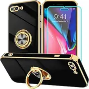 HNHYGETE for iPhone 8 Plus Case with Screen Protector: Slim Lightweight 360° Ring Holder Kickstand Shockproof - Phone Protective Case for iPhone 7 Plus Black