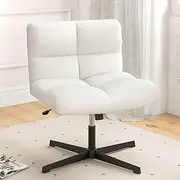 Giantex Criss Cross Chair, Faux Fur Armless Cross Legged Desk Chair No Wheels, Height Adjustable Computer Swivel Seat, Modern Wide Seat Boucle Vanity Chair for Home Office, White