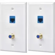 2 Packs Ethernet Coax Wall Plate Outlet with 1 Cat6 Port and 1 Gold-Plated8104