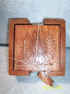 Thanksgiving, Fall Or Anyday Set Of 4 Wood Sunflower Coasters With Holder New