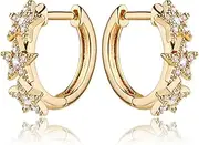 [Mevecco] 14K Gold Plated Huggie Earrings with Shining Cubic Zriconia Geometry Beads Star Hoop Earrings for Women