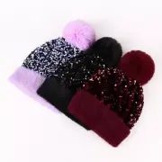 Lady Beanie Bobble Pom Hat Sequin Winter Warm Faux Fur Cute Ski Snow New