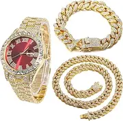 [Halukakah] Diamonds Gold Watch Iced Out,Men's 18K Real Gold/Platinum White Gold Plated 42MM Width Green/Blue/Red Dial Quartz Wristband 9.5" with Cuban Link Chain 8"+18" Necklace Bracelet,Free Giftbox