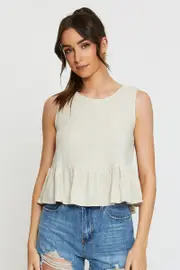 Beige Peplum Top Sleeveless Ruffle - Size 14, Women's Peplum