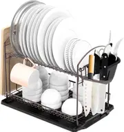 2-Tier Dish Rack with Drain Board, Cup Holder and Cutting Board Holder Capacity Dish Drainer for Kitchen Storage & Organisation