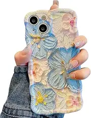 UEEBAI Case for iPhone 14 Plus/15 Plus 6.7 inch, Colorful Retro Oil Painting Flower Case Pretty Glossy Pattern Wave Case Sparkly Floral Curly Cover Stylish Soft Case for Women and Girl -Blue White