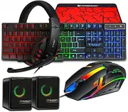 Gaming Keyboard and Mouse Set and Mouse pad,Headset,Speaker, 5 in 1 Bundle Wired LED Rainbow Backlight for Laptop, PC Gamers, Xbox, PS4 and Work- Black ﻿