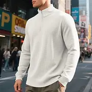 Men's Waffle Sweatshirt Sweatshirt Polo Sweatshirt Black White Wine Army Green Khaki Polo Collar Plain Quarter Zip Sports Outdoor Casual Daily Streetwear Cool