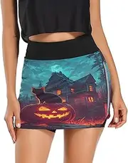 [Joisal] Unicorn Cliff Castle High Waisted Tennis Skirt with Pockets Womens Skirts Summer, Workout Skirts, Haunted House Cat, Large