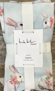 Nicole Miller Grey Bunny Rabbit Floral Ribbon Cloth Napkins Set Of 6 Easter