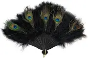 ULDIGI Black Peacock Fan Folding Hand Fan for Wedding Decor Vintage Chinese Style Portable Fan Peafowl Plume Fan