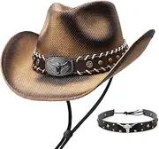 [SANSTHS] Cowboy Cowgirl Hats for Men Women 2 Pack Hatbands Straw Hat Wide Brim Breathable Western Hats for Lover