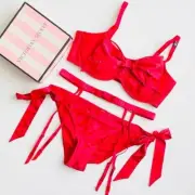 38DD LARGE Victoria’s Secret 3PCS bow red bra set garter belt cheeky panties