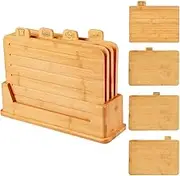 9SHOME 4Pcs Bamboo Chopping Board Set with Juice Grooves, Colour Coded Wooden Cutting Boards Set with Stand for Bread Vegetables Prep Meat Cheese Beef Fish and Fruits