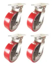 8" x 2" Red Polyurethane on Cast Iron Casters - 4 Swivels