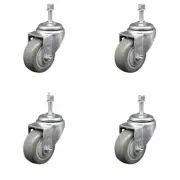 3.5 Inch SS Gray Polyurethane Wheel Swivel 3/8 Inch Threaded Stem Caster Set SCC