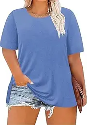 [ForHailey] Women's Plus Size Crewneck Tops Half Sleeve Summer T-Shirt Loose Fit Blouse Casual Tunic with Side Split XL- 5XL