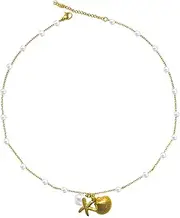 [Generic] 14K Gold Plated Necklace and Earrings for Women, Starfish Shell Pearl Choker Pendant for Ladies, Trendy Circle Chain Boho Fashion Jewelry Set