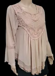Ultra Pink Top Medium Mauve Boho Sheer Bell Sleeve Pointed Hem Layered New