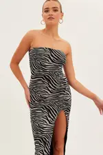 Black Animal Print Bodycon Dress Midi Strapless Side Split Mesh - Size M, Women's Midi Dress