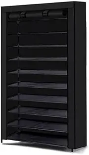 Leona Co 10 Tier Shoe Rack with Covers, Large Capacity Stackable Tall Shoe Shelf Storage Organizer for Up To 50 Pairs of Shoes and Boots, Suitable for Closet Entryway Garage Bedroom (Black)