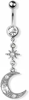 [Pierced Owl] 14GA 316L Stainless Steel CZ Crystal Crescent Moon with Sunburst Dangling Belly Button Ring